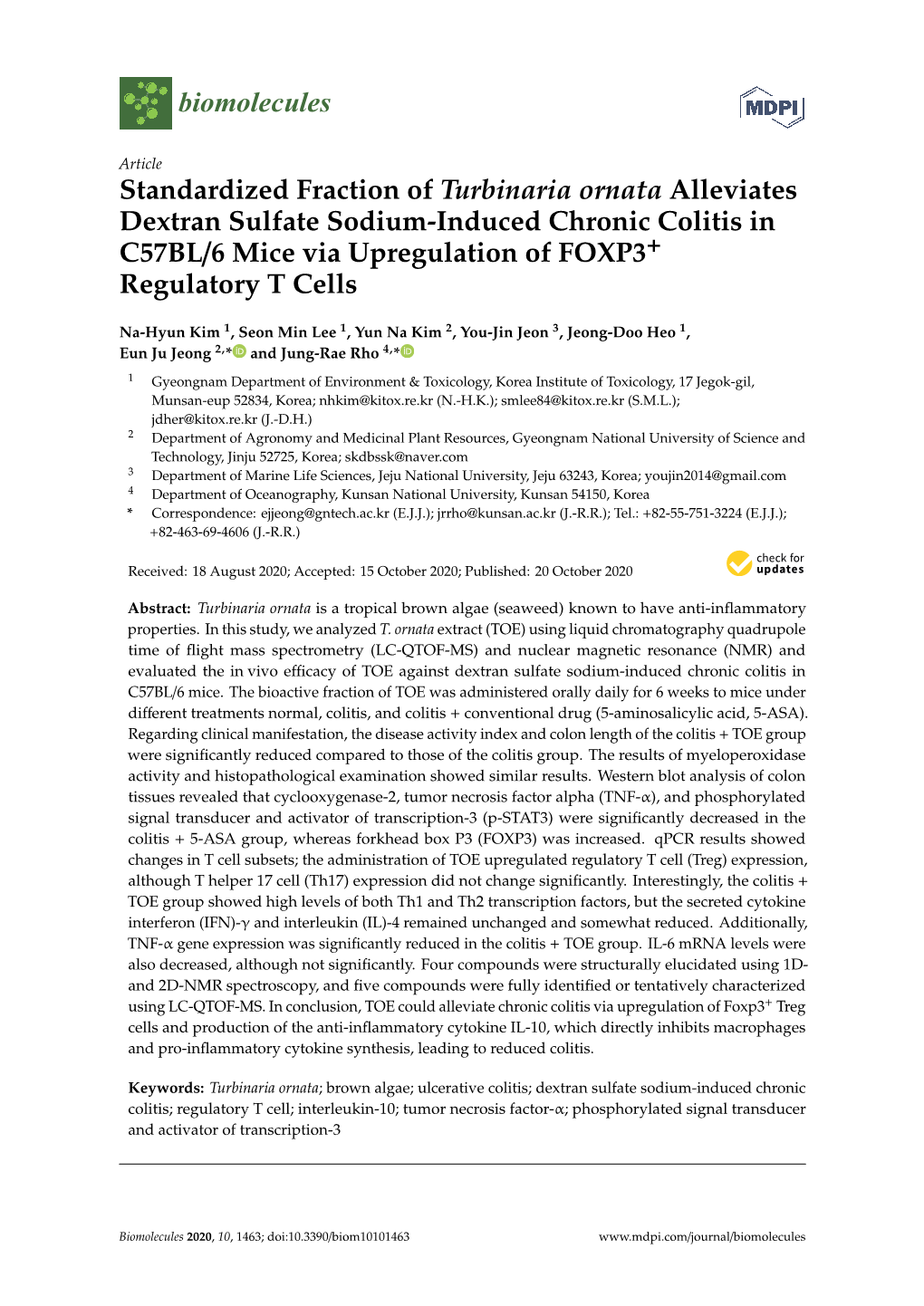 Standardized Fraction of Turbinaria Ornata Alleviates Dextran Sulfate Sodium-Induced Chronic Colitis in C57BL/6 Mice Via Upregulation of FOXP3+ Regulatory T Cells
