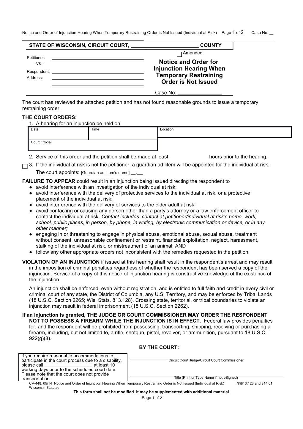 CV-448: Notice and Order for Injunction Hearing When Temporary Restraining Order Is Not