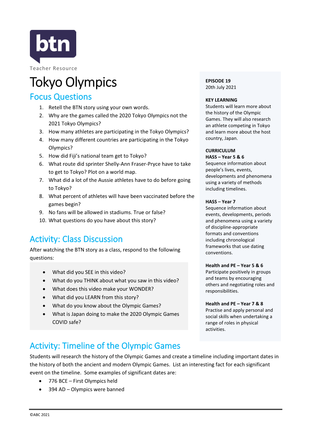 2020 Tokyo Olympics – Teacher Resource