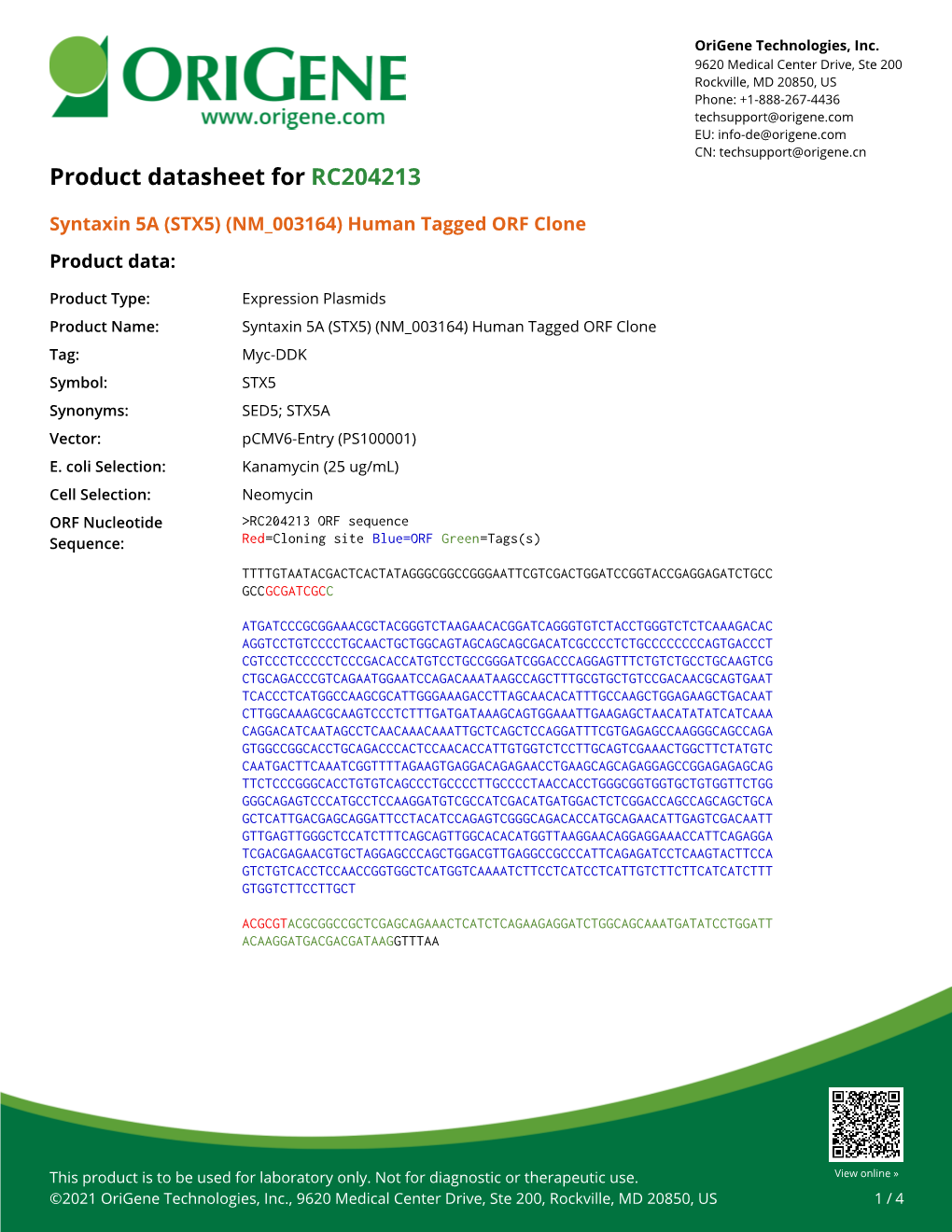 Syntaxin 5A (STX5) (NM 003164) Human Tagged ORF Clone Product Data