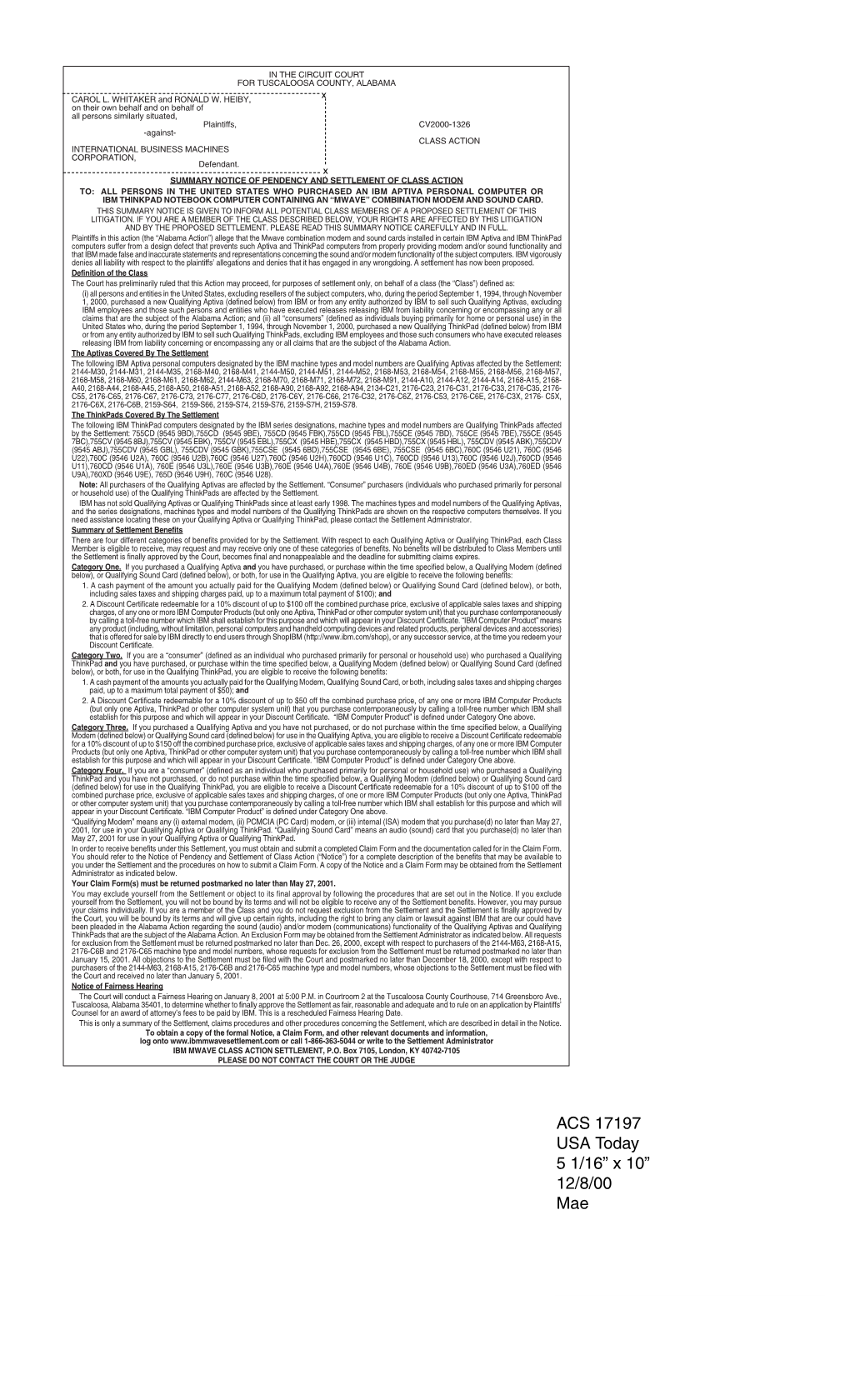 ACS 17197 USA Today 5 1/16” X 10” 12/8/00 Mae in the CIRCUIT COURT for TUSCALOOSA COUNTY, ALABAMA CAROL L