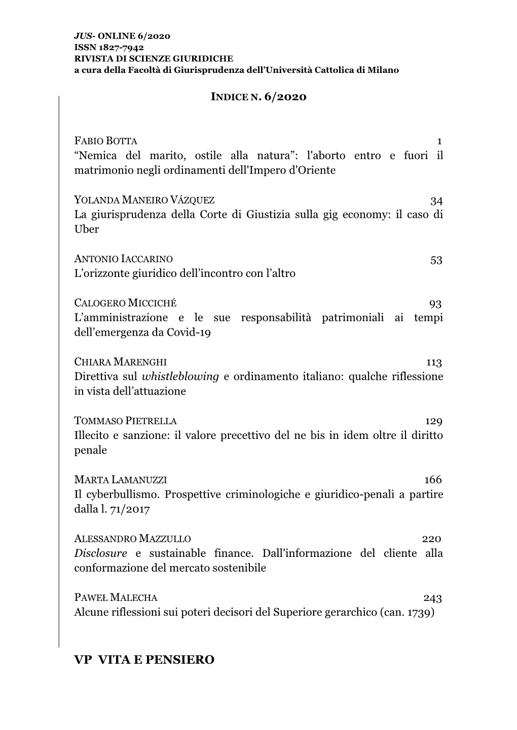 Vol. VI, N. 6, Dicembre 2020