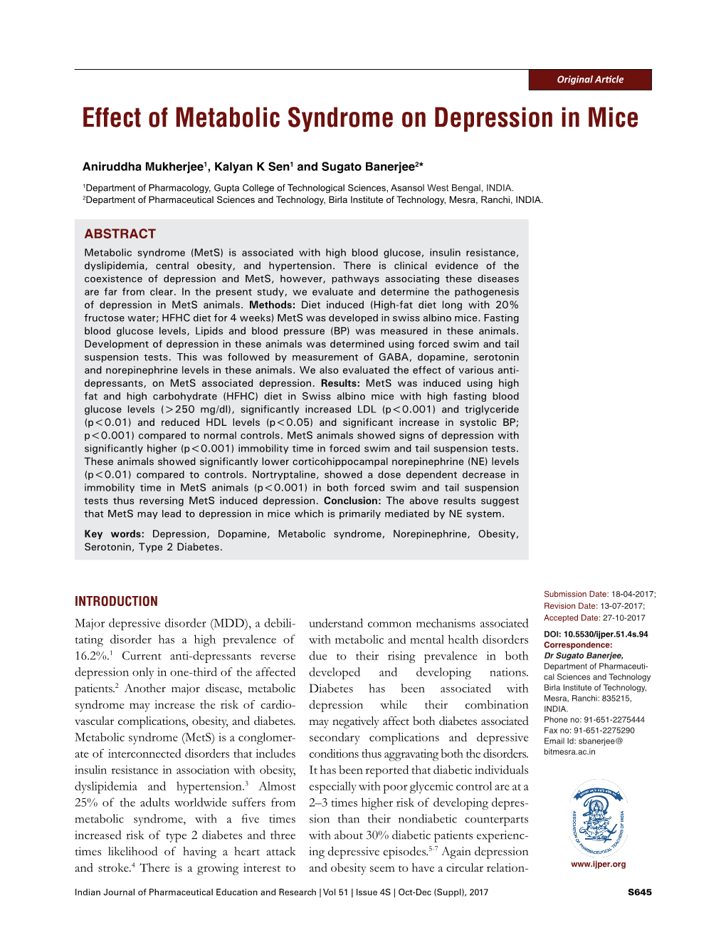 Effect of Metabolic Syndrome on Depression in Mice