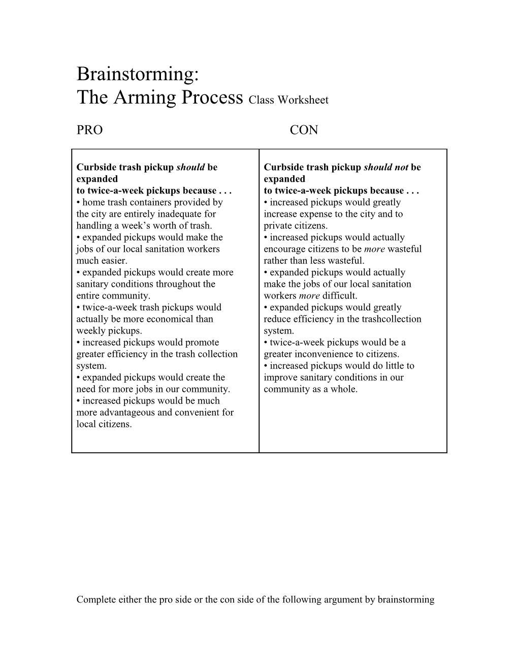 The Arming Process Class Worksheet