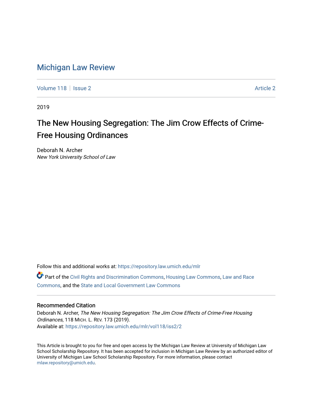 The Jim Crow Effects of Crime-Free Housing Ordinances, 118 MICH