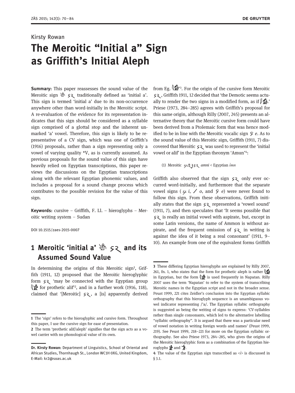 The Meroitic “Initial A” Sign As Griffith’S Initial Aleph