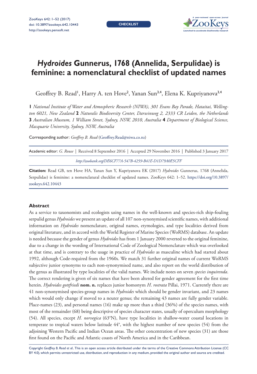 Hydroides Gunnerus, 1768 (Annelida, Serpulidae) Is Feminine: a Nomenclatural Checklist of Updated Names