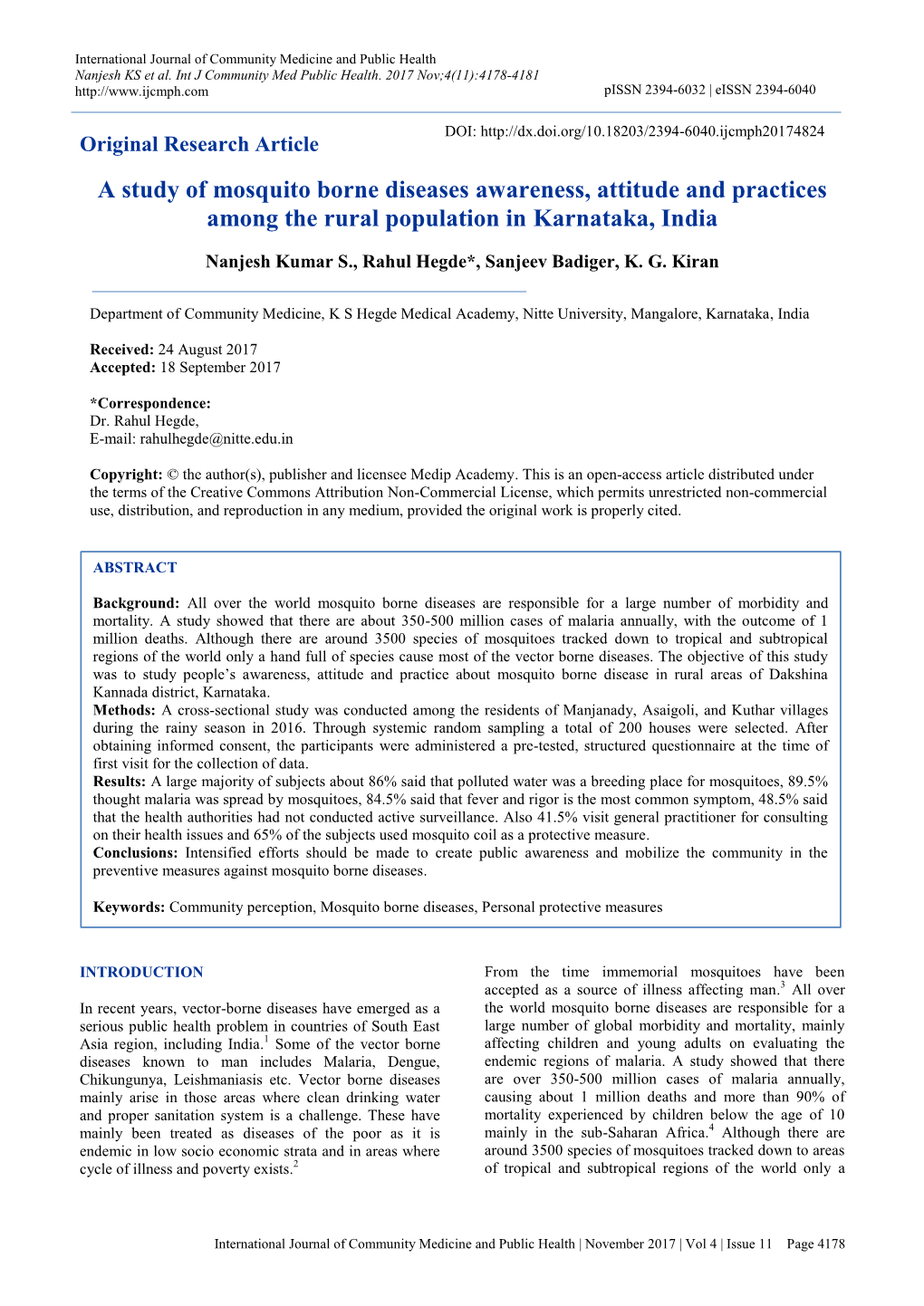 A Study of Mosquito Borne Diseases Awareness, Attitude and Practices Among the Rural Population in Karnataka, India