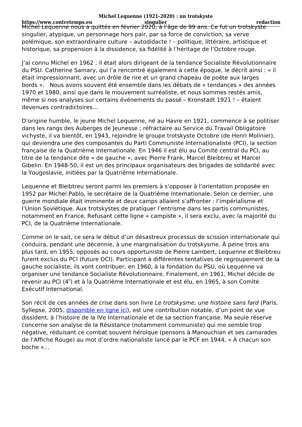 Michel Lequenne (1921-2020) : Un Trotskyste Singulier Redaction Michel Lequenne Nous a Quittés En Février 2020, À L’Âge De 99 Ans