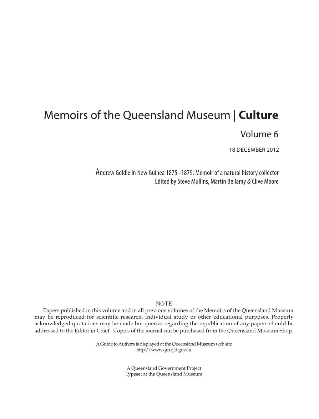 Memoirs of the Queensland Museum | Culture Volume 6