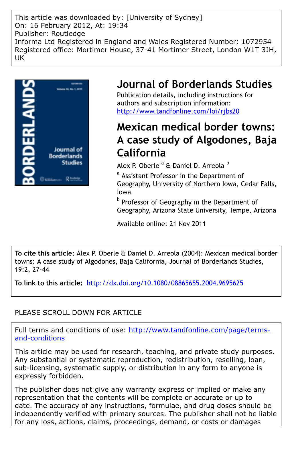 Mexican Medical Border Towns: a Case Study of Algodones, Baja California Alex P