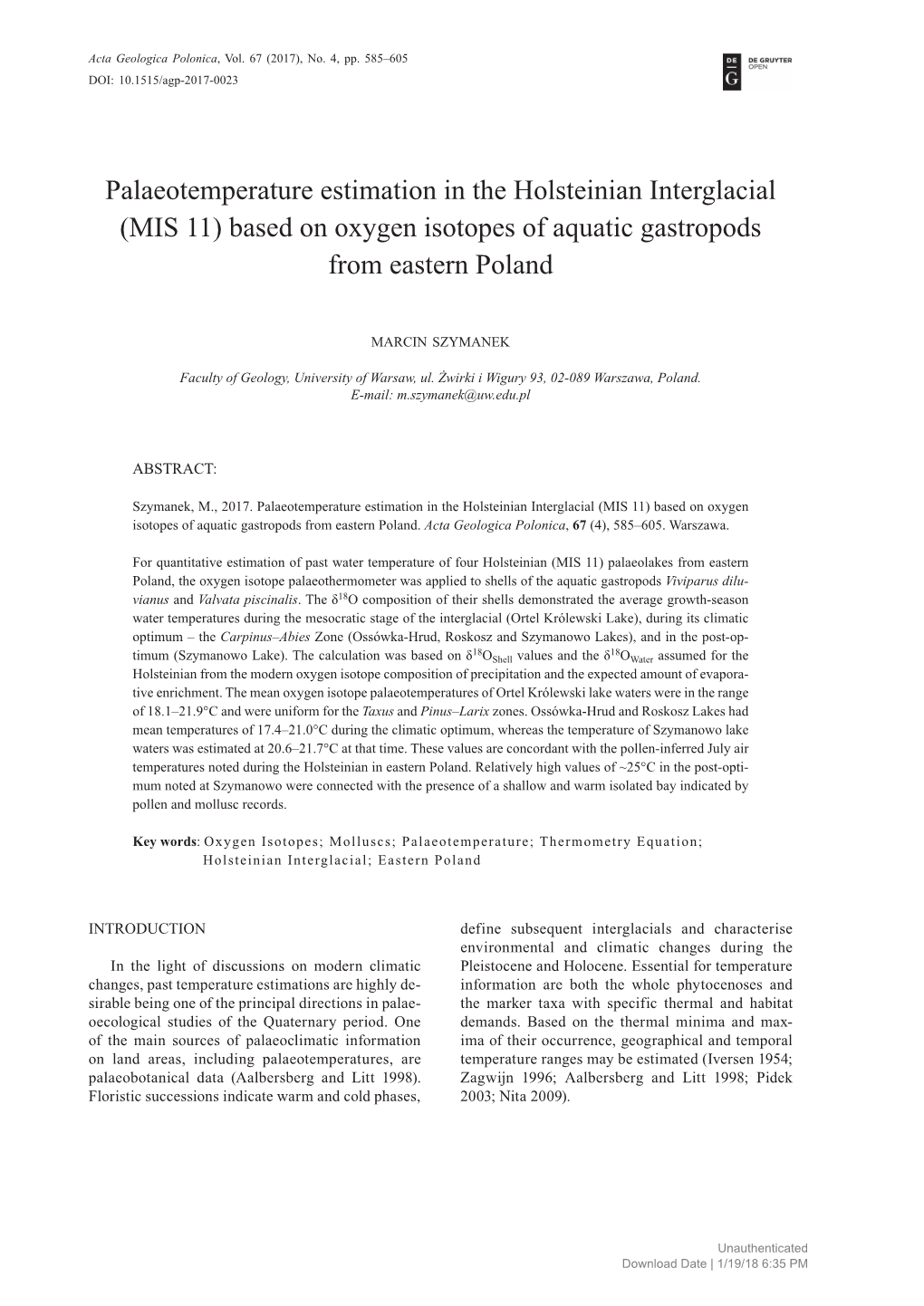 Palaeotemperature Estimation in the Holsteinian Interglacial (MIS 11) Based on Oxygen Isotopes of Aquatic Gastropods from Eastern Poland