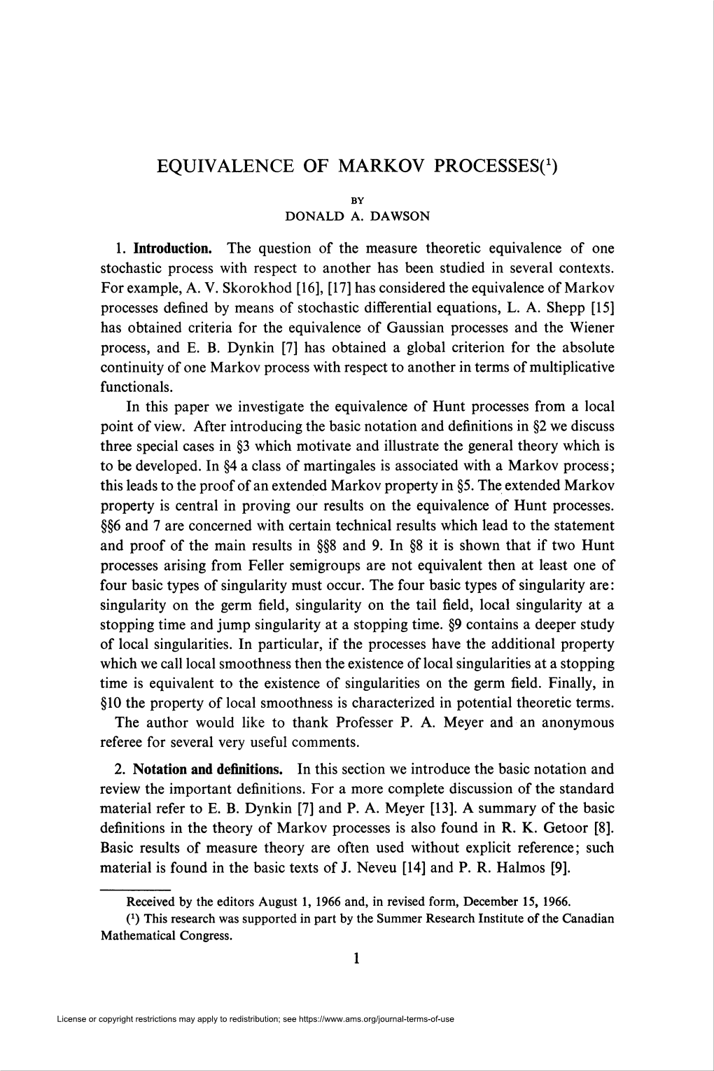 EQUIVALENCE of MARKOV PROCESSES(X)