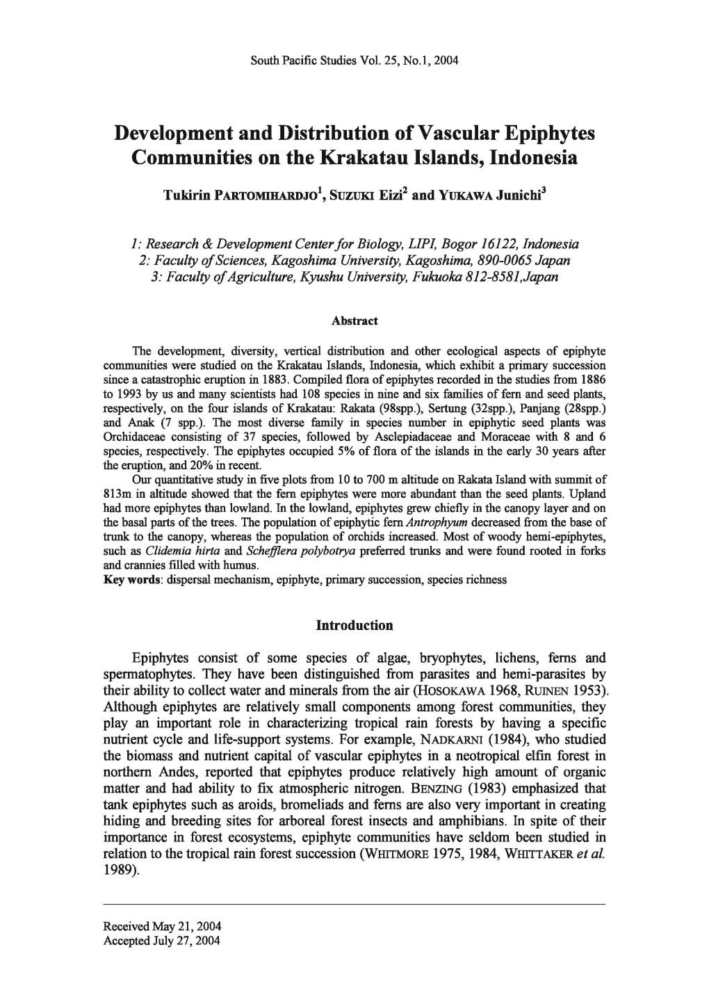 Development and Distribution of Vascular Epiphytes Communities on the Krakatau Islands, Indonesia