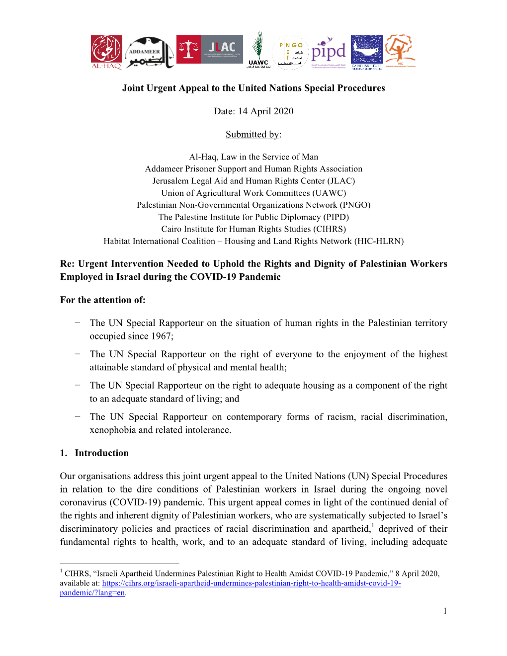 Joint Urgent Appeal to the United Nations Special Procedures Date