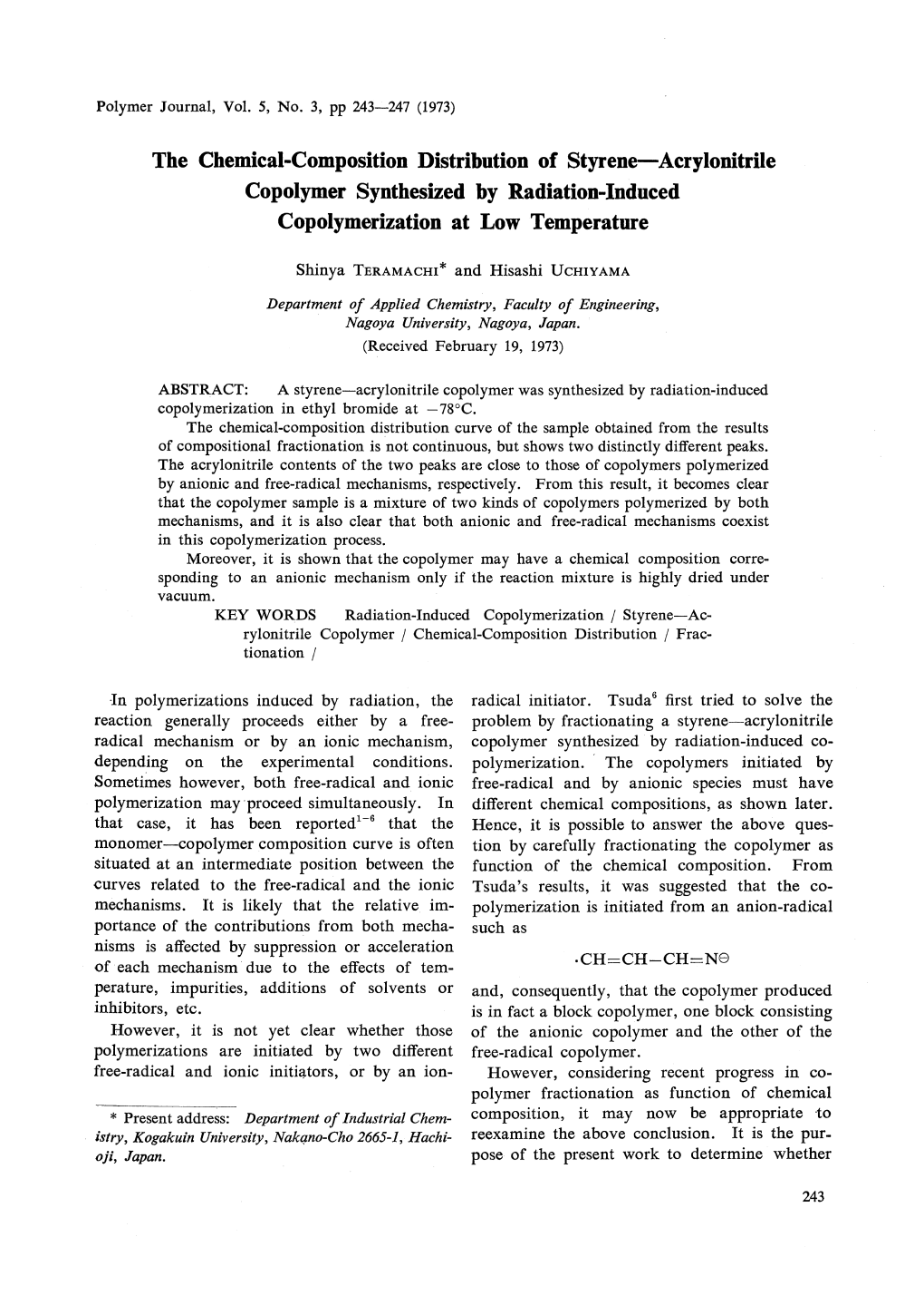 The Chemical-Composition Distribution of Styrene-Acrylonitrile Copolymer Synthesized by Radiation-Induced Copolymerization at Low Temperature