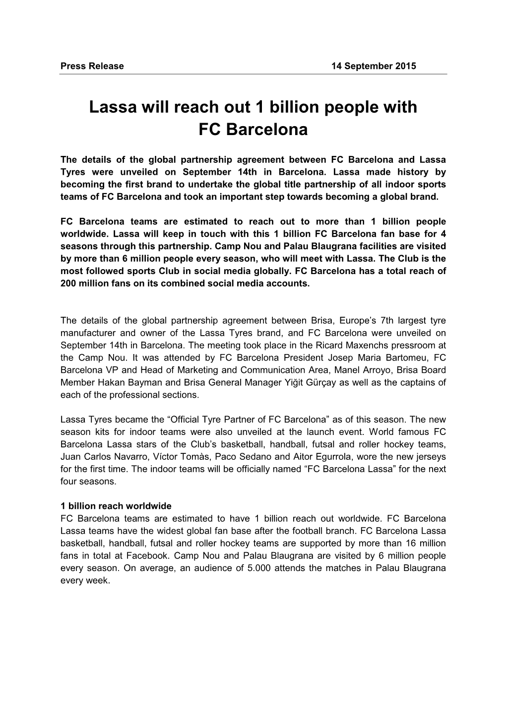 Lassa Will Reach out 1 Billion People with FC Barcelona