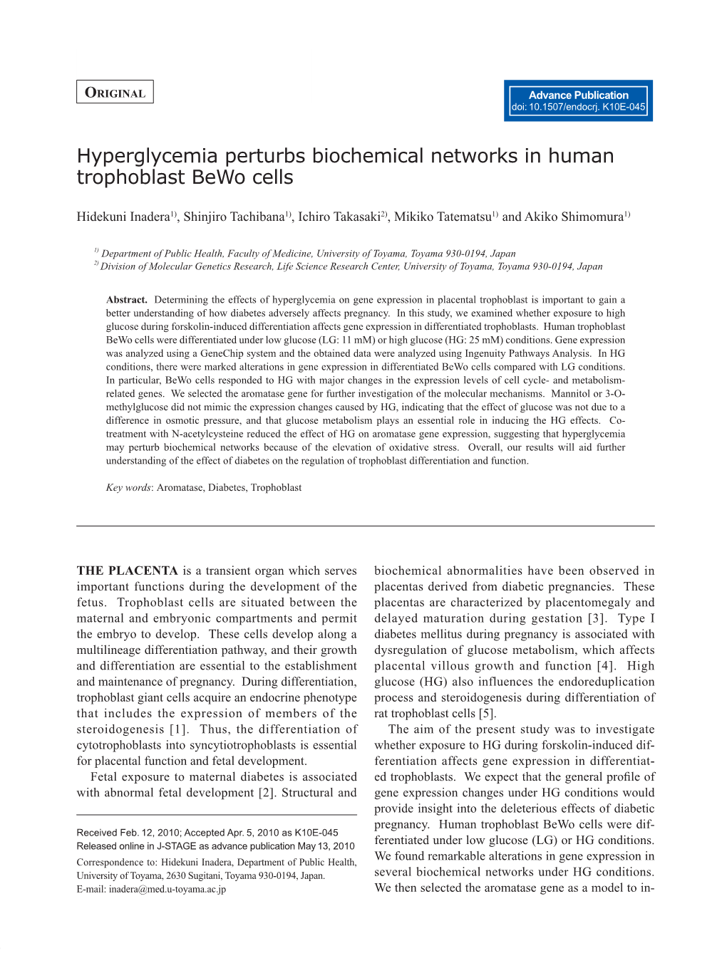 Hyperglycemia Perturbs Biochemical Networks in Human Trophoblast Bewo Cells