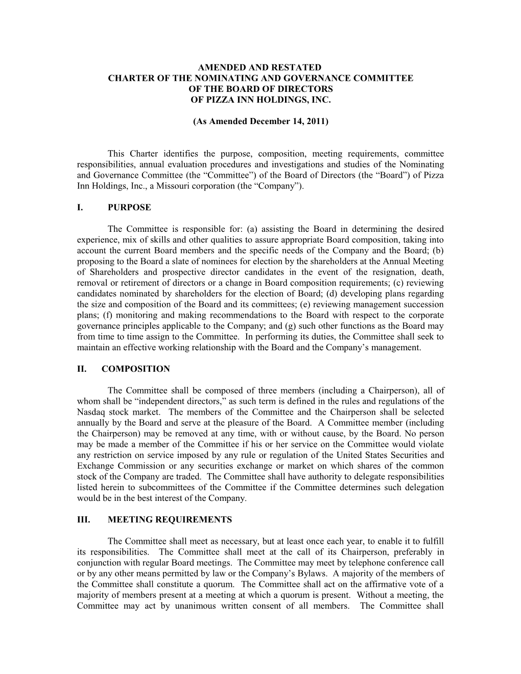 Charter of the Nominating and Governance Committee