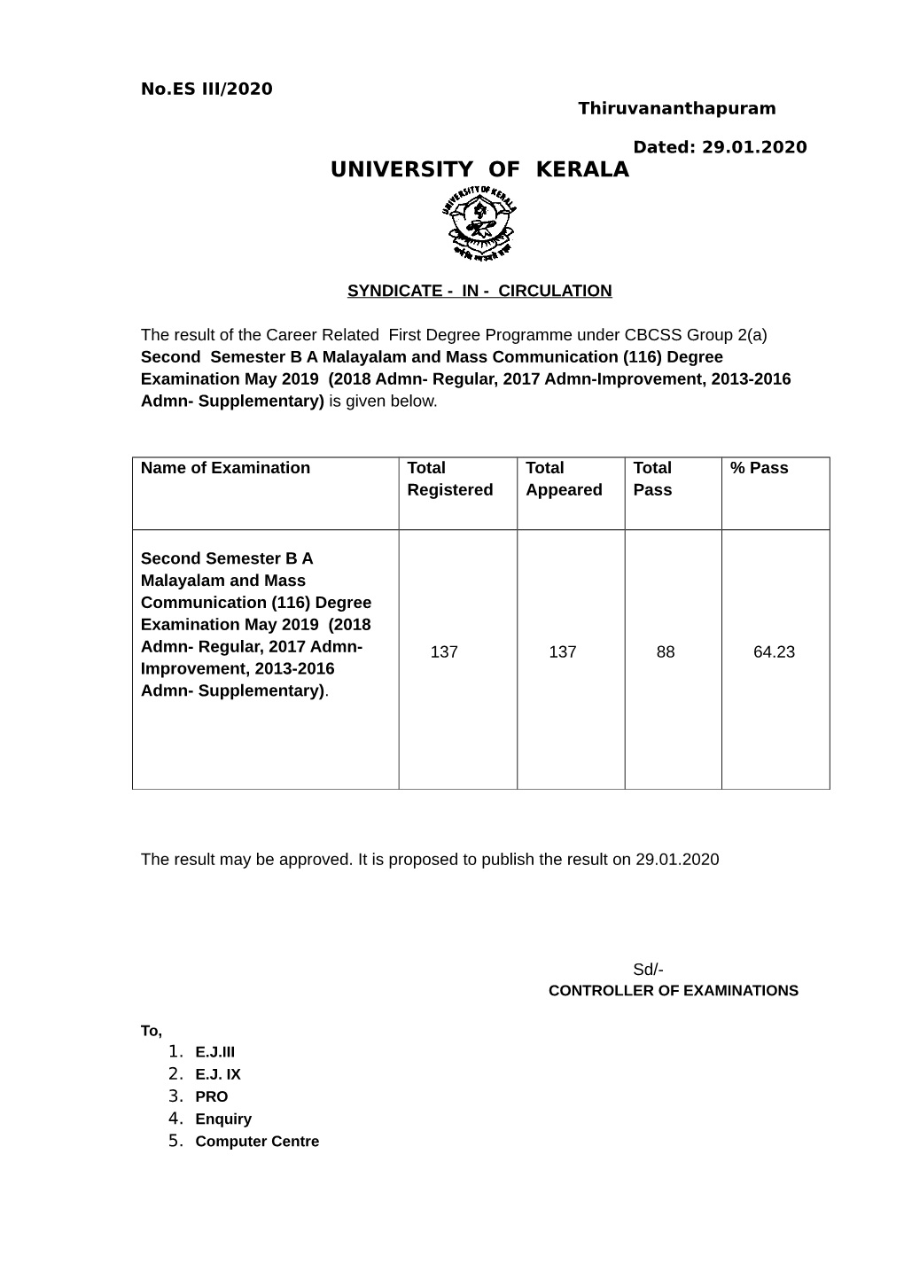 University of Kerala Notification 1