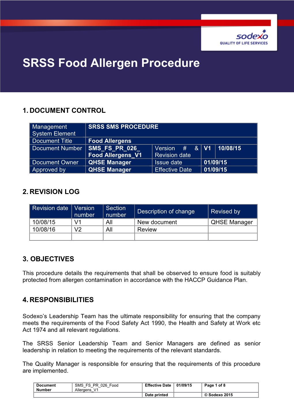 SRSS Food Allergen Procedure