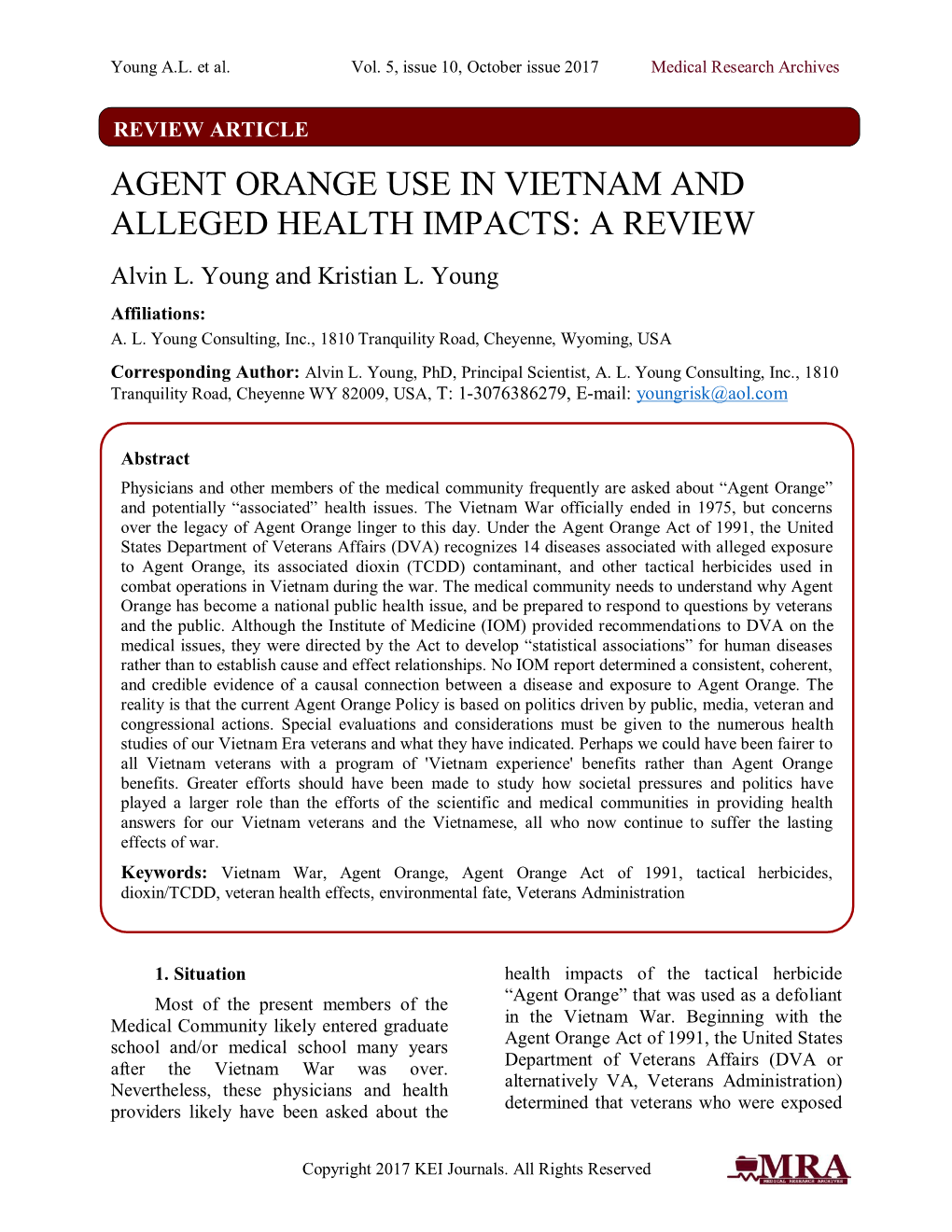 AGENT ORANGE USE in VIETNAM and ALLEGED HEALTH IMPACTS: a REVIEW Alvin L