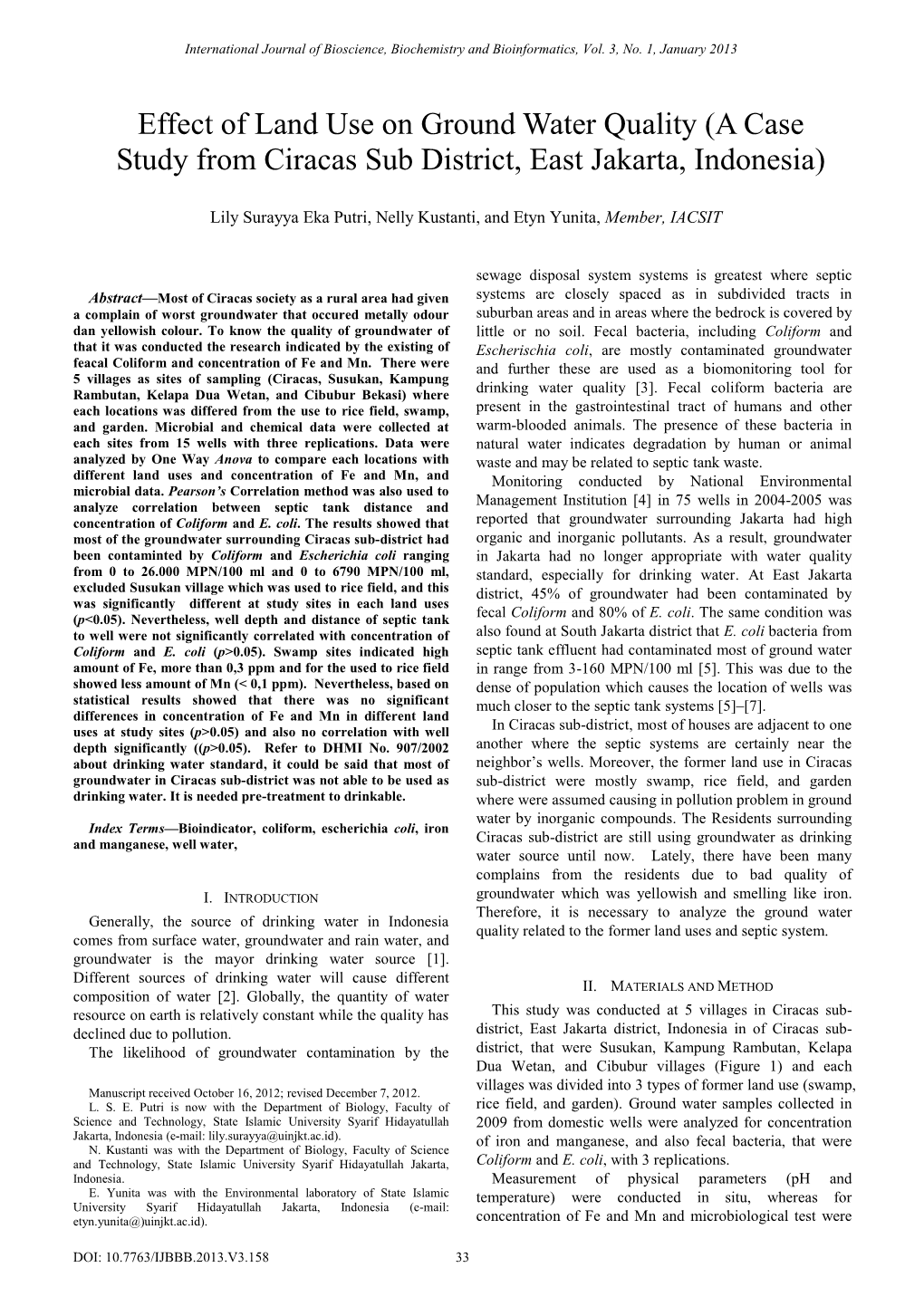 Effect of Land Use on Ground Water Quality (A Case Study from Ciracas Sub District, East Jakarta, Indonesia)