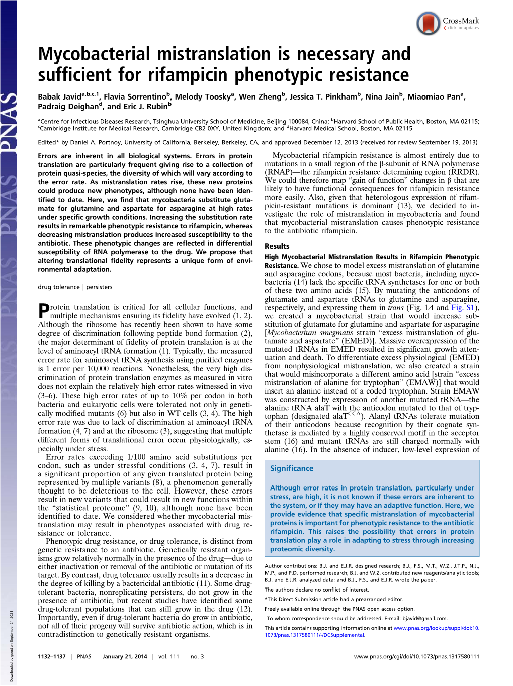 Mycobacterial Mistranslation Is Necessary and Sufficient for Rifampicin Phenotypic Resistance