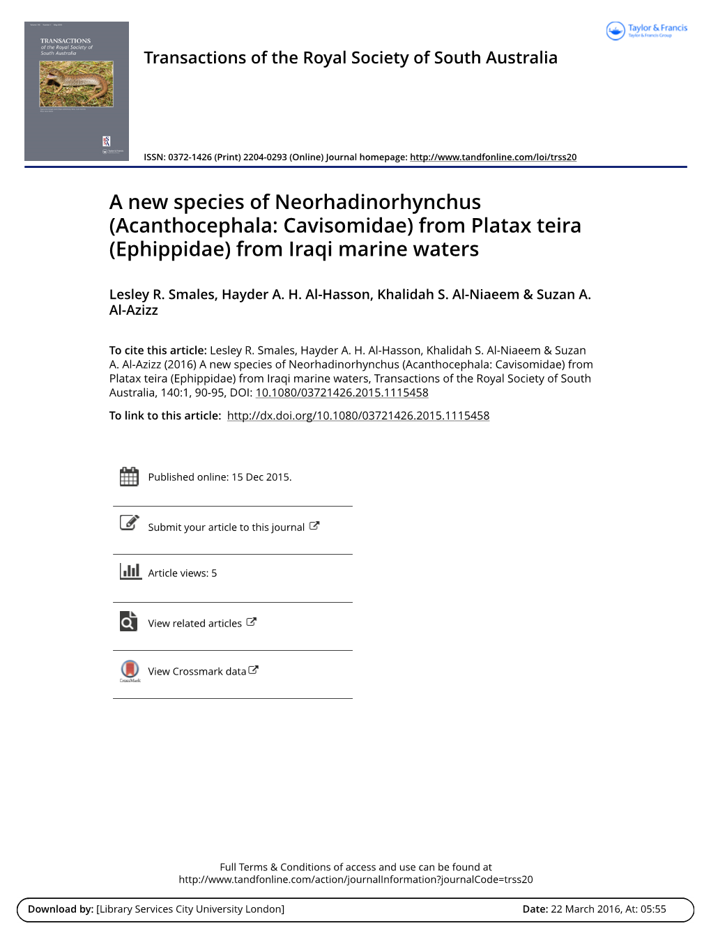 A New Species of Neorhadinorhynchus (Acanthocephala: Cavisomidae) from Platax Teira (Ephippidae) from Iraqi Marine Waters