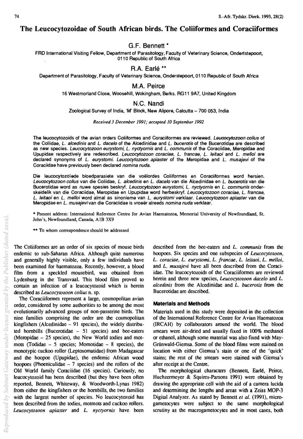 The Leucocytozoidae of South African Birds. the Coliiformes and Coraciiformes