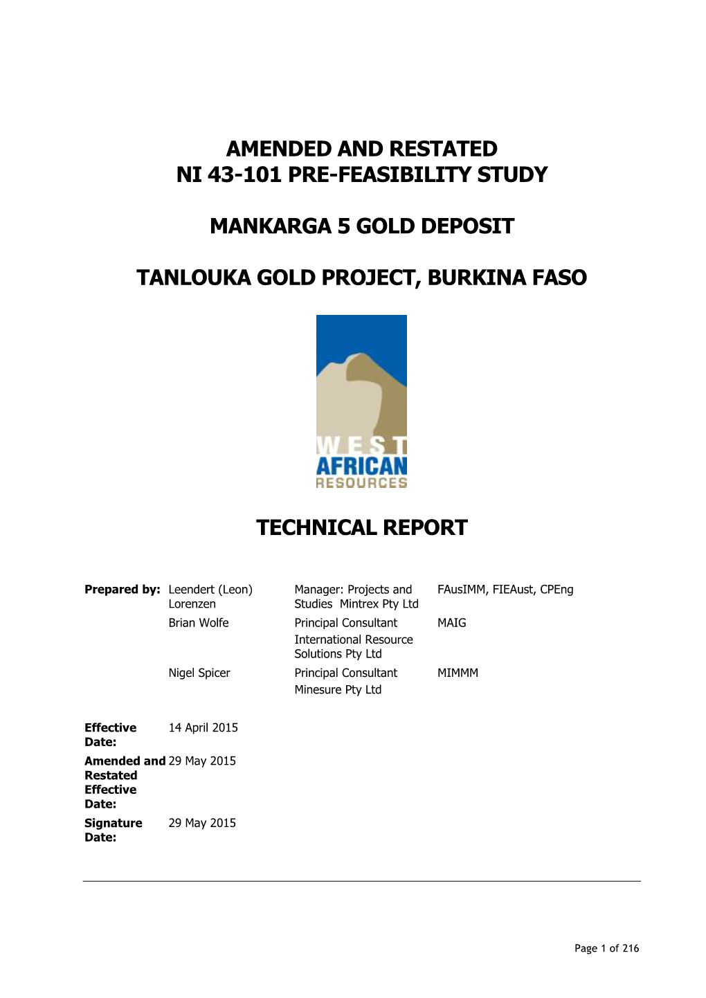 Amended and Restated Ni 43-101 Pre-Feasibility Study