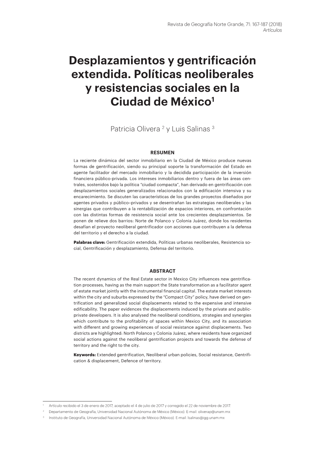 Desplazamientos Y Gentrificación Extendida. Políticas Neoliberales Y Resistencias Sociales En La Ciudad De México1