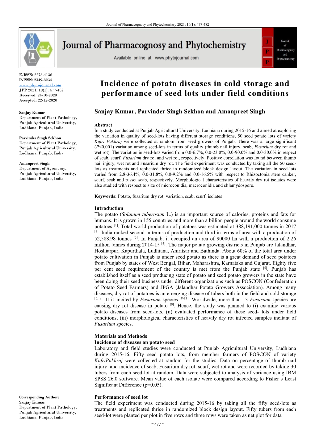 Incidence of Potato Diseases in Cold Storage and Performance of Seed