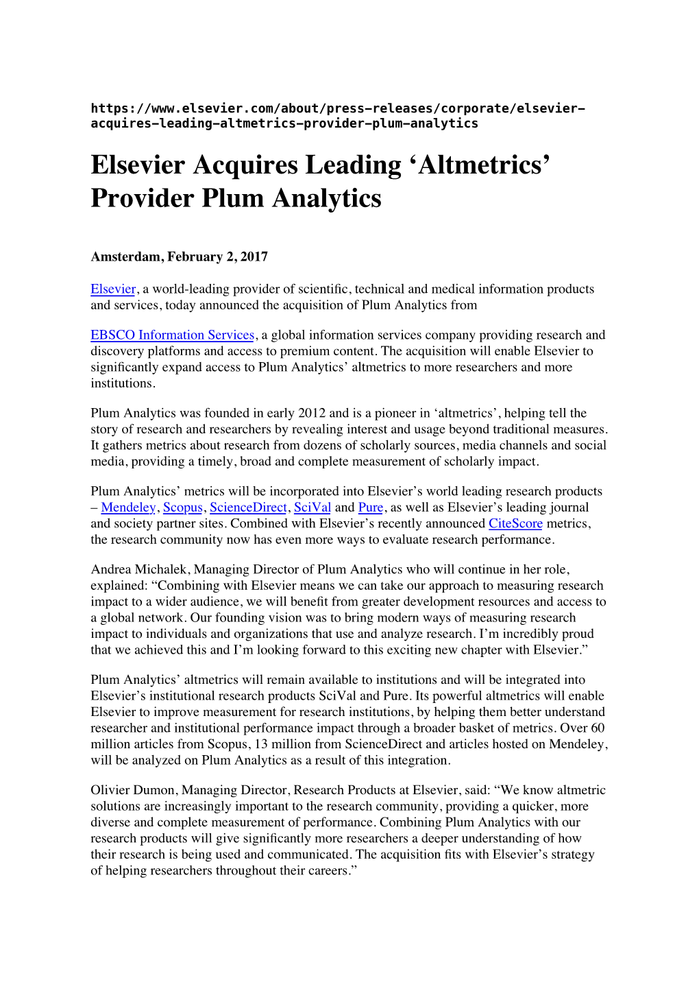 Elsevier Acquires Leading 'Altmetrics' Provider Plum Analytics