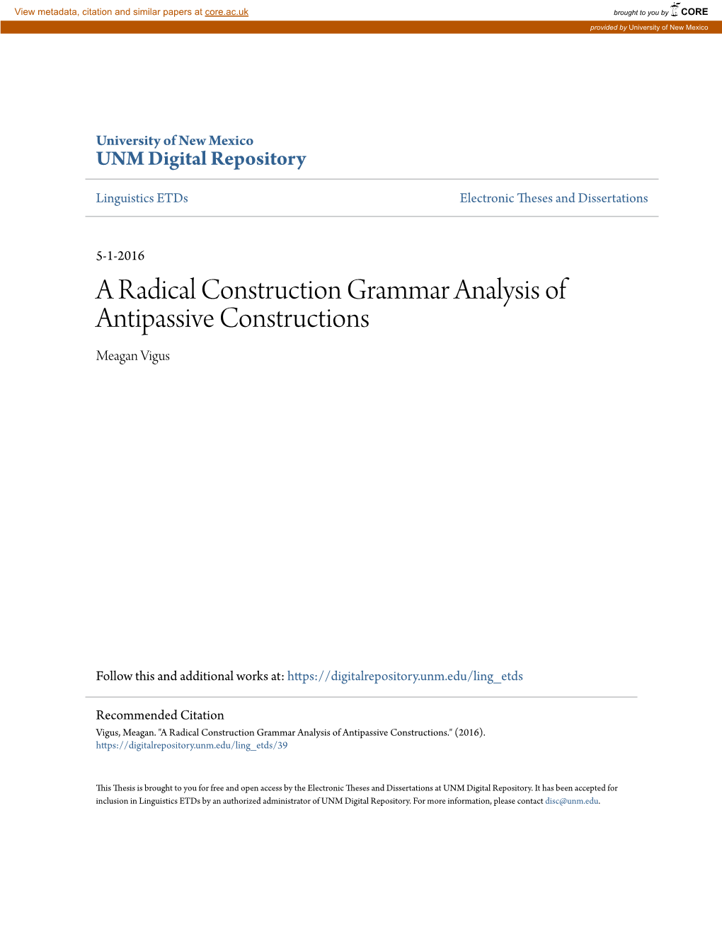 A Radical Construction Grammar Analysis of Antipassive Constructions Meagan Vigus