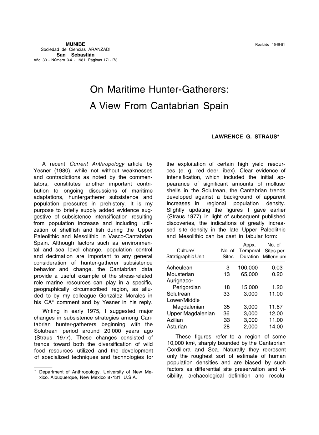 On Maritime Hunter - Gatherers: a View from Cantabrian Spain