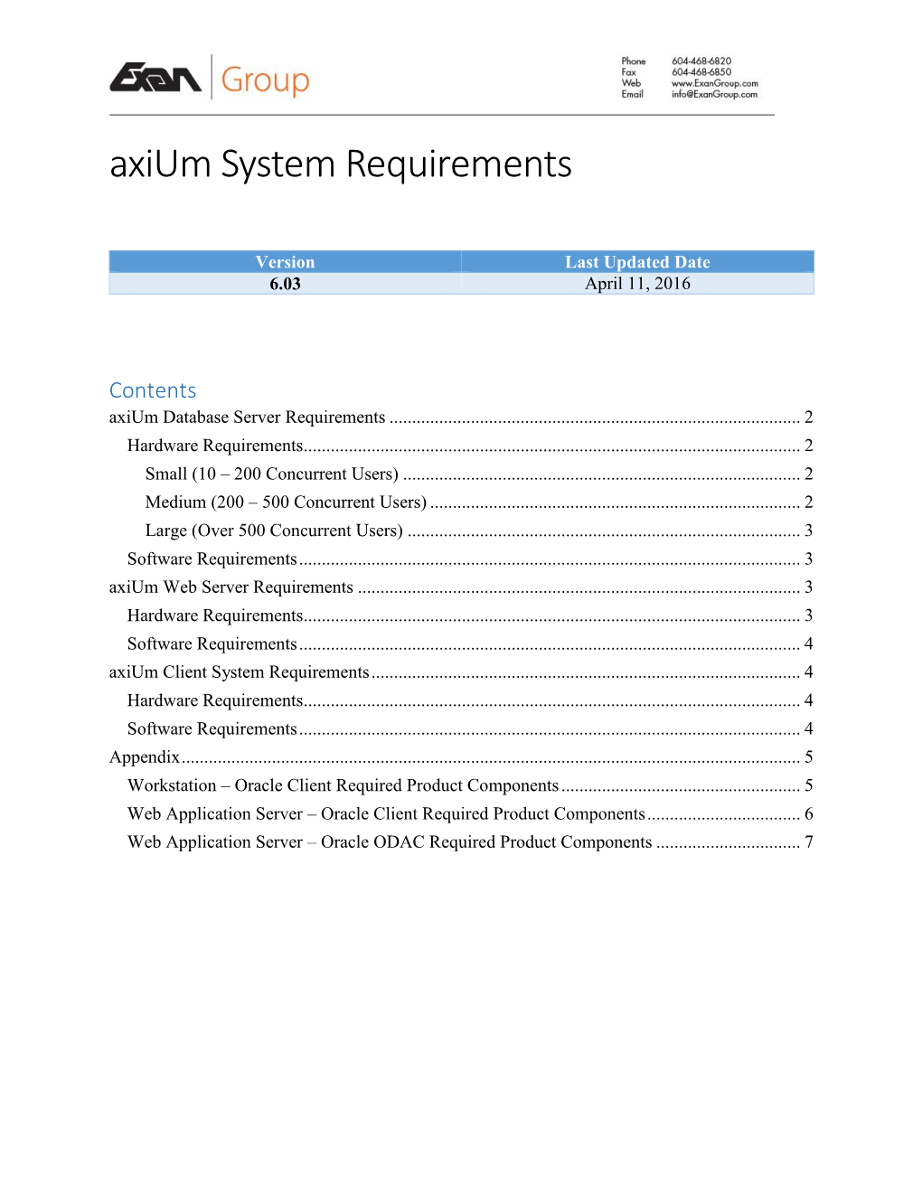 Axium System Requirements