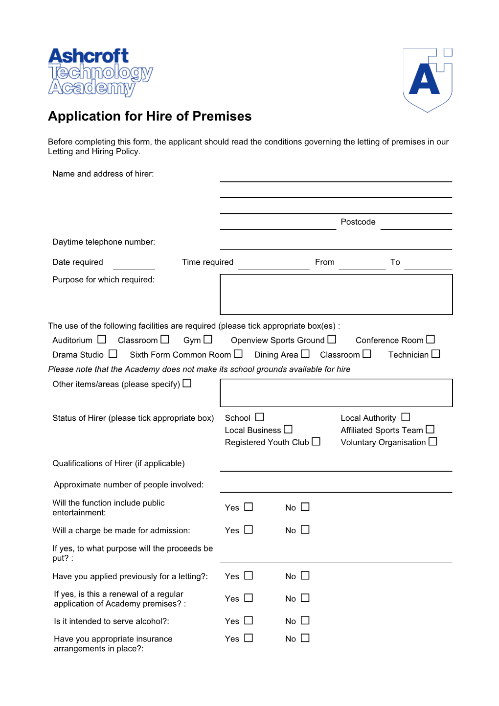 Application for Hire of Premises