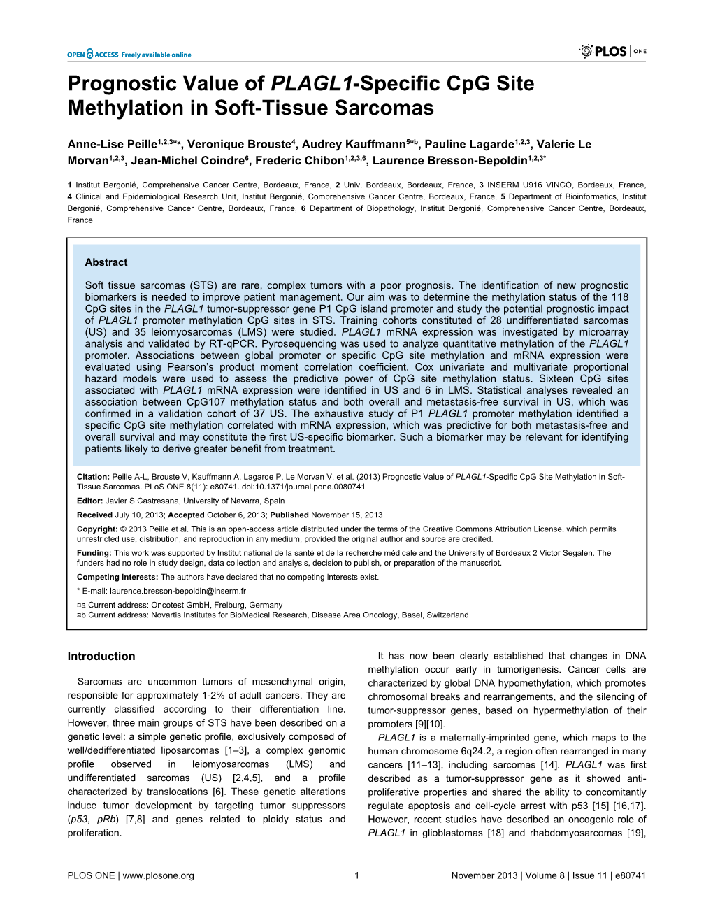 Prognostic Value of PLAGL1-Specific Cpg Site Methylation in Soft-Tissue Sarcomas