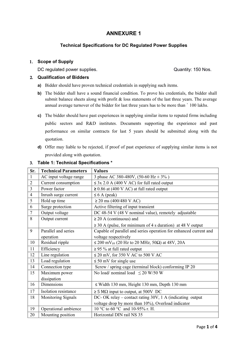 Technical Specifications for DC Regulated Power Supplies