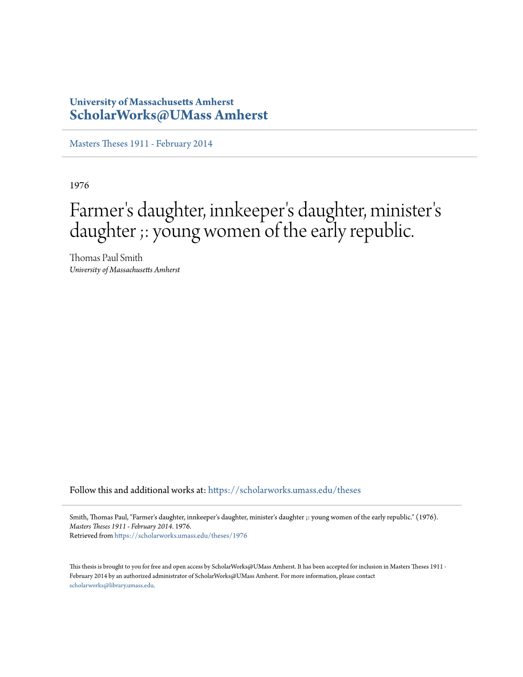 Farmer's Daughter, Innkeeper's Daughter, Minister's Daughter ;: Young Women of the Early Republic