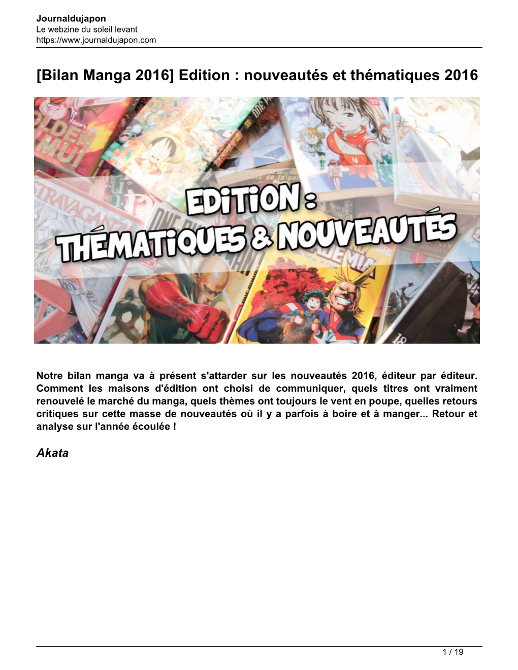 [Bilan Manga 2016] Edition : Nouveautés Et Thématiques 2016