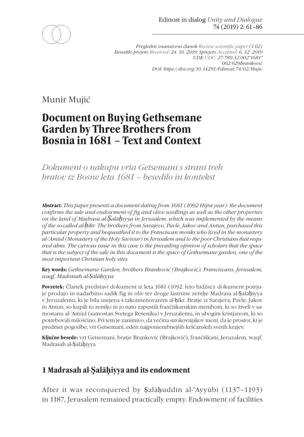 Document on Buying Gethsemane Garden by Three Brothers from Bosnia in 1681 – Text and Context