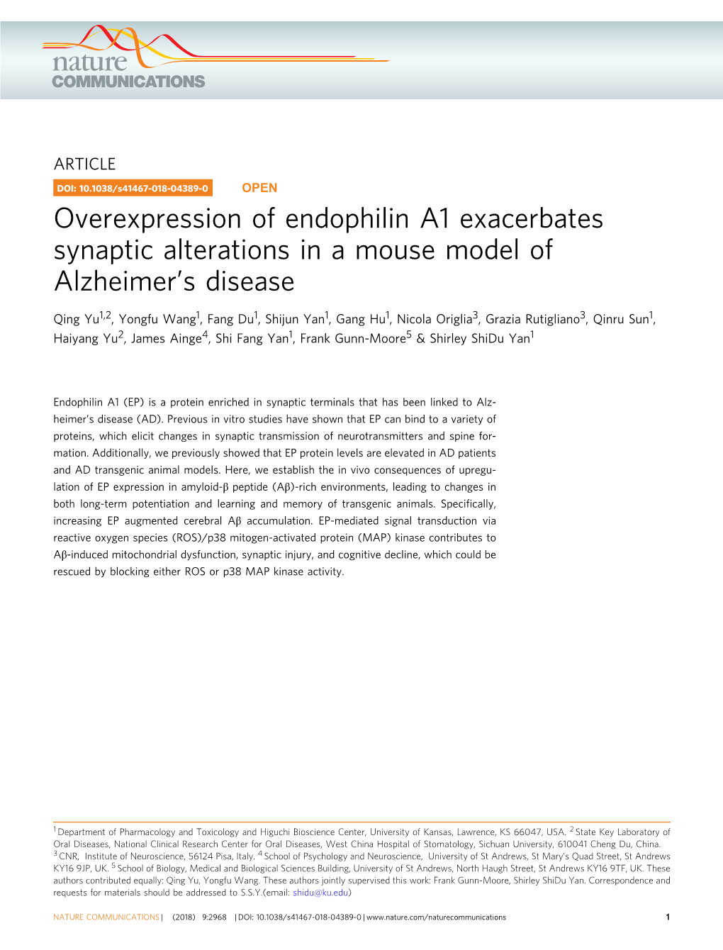 Overexpression of Endophilin A1 Exacerbates Synaptic Alterations in a Mouse Model of Alzheimer’S Disease
