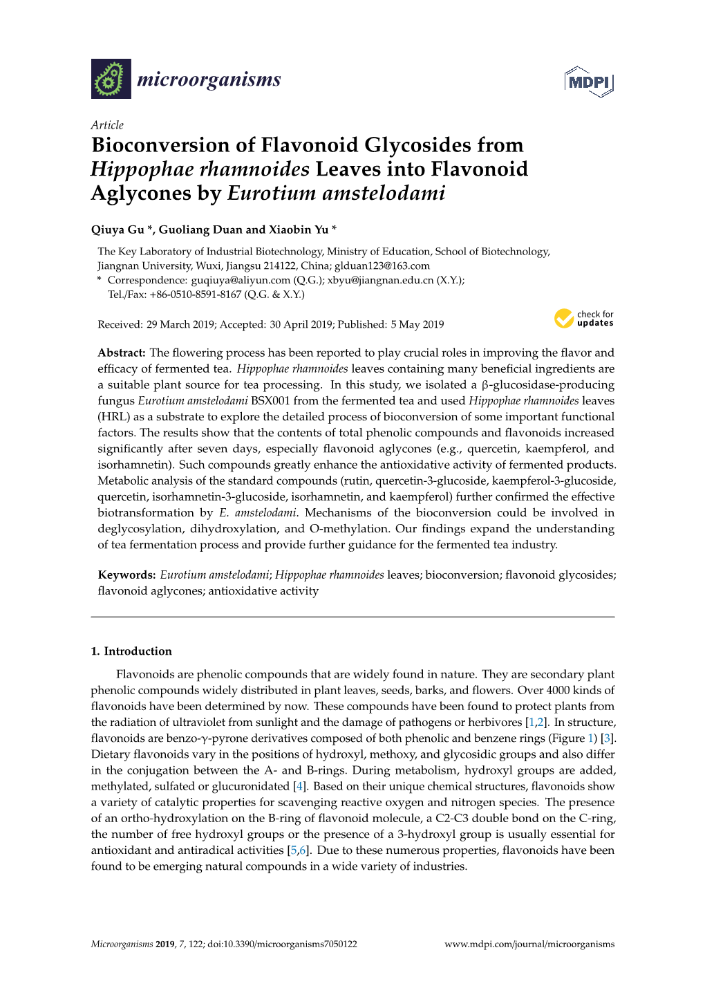 Bioconversion of Flavonoid Glycosides from Hippophae Rhamnoides Leaves Into Flavonoid Aglycones by Eurotium Amstelodami