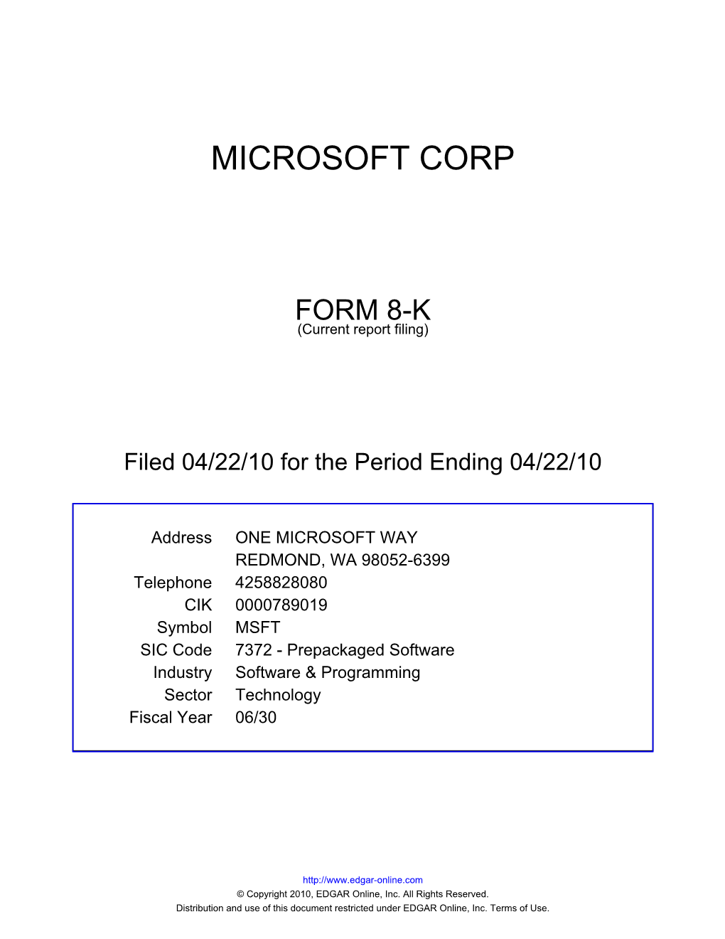 Microsoft Corporation (Exact Name of Registrant As Specified in Its Charter)