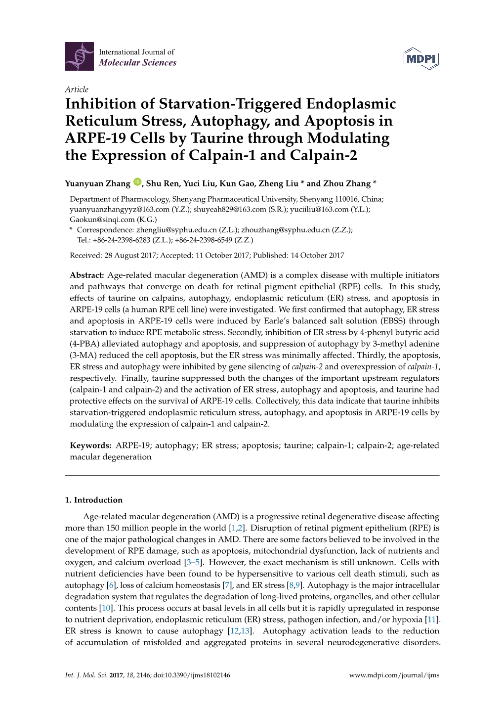 Inhibition of Starvation-Triggered Endoplasmic Reticulum Stress, Autophagy, and Apoptosis in ARPE-19 Cells by Taurine Through Mo