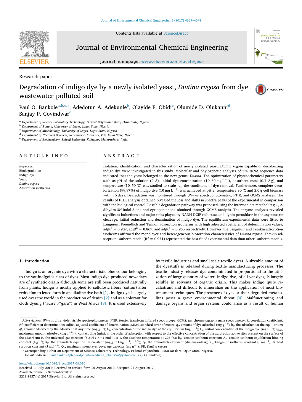 Degradation of Indigo Dye by a Newly Isolated Yeast, Diutina Rugosa from Dye MARK Wastewater Polluted Soil ⁎ Paul O