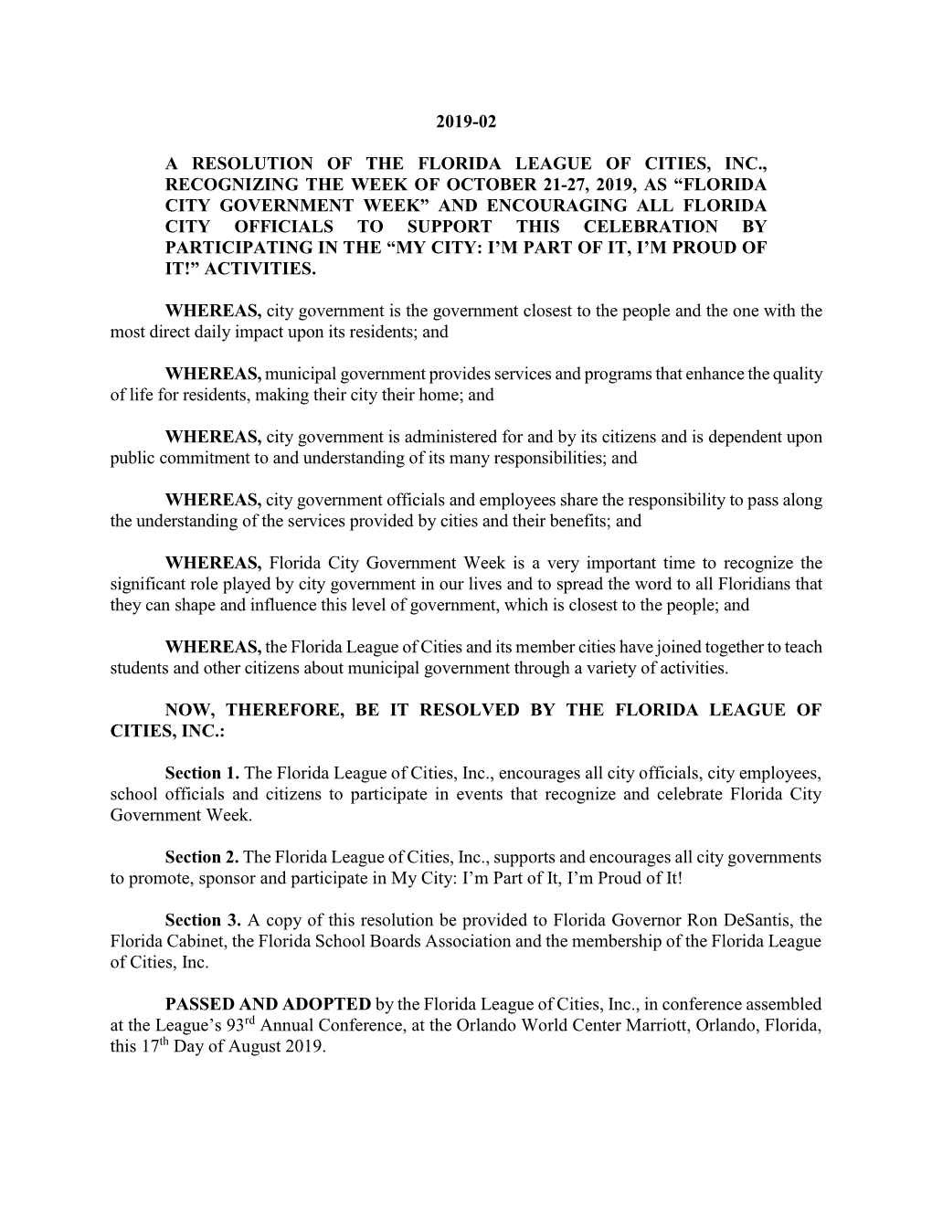 2019-02 a Resolution of the Florida League of Cities, Inc