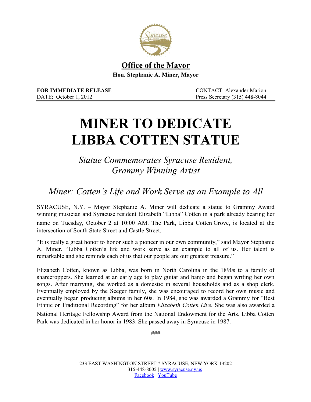 Miner to Dedicate Libba Cotten Statue